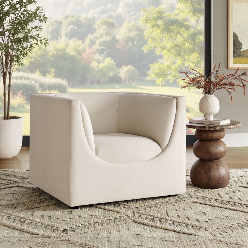 Picture of Curved Back Performance Velvet Armchair in Alabaster, Taupe and Chocolate Brown