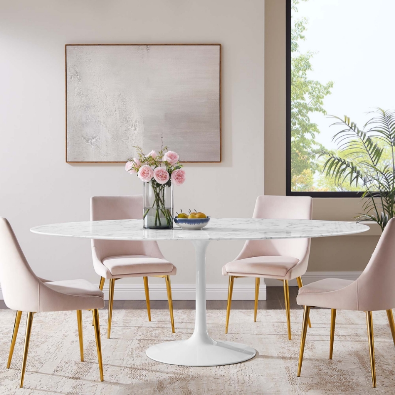 Picture of 48", 54", 60", 78" Oval Faux Marble Dining Table in White or Black Top and White, Black and Gold Base