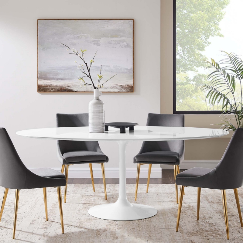 Picture of 48", 60", 78" Oval Wood Dining Table in White, Black and Walnut Top and White, Gold and Black Base