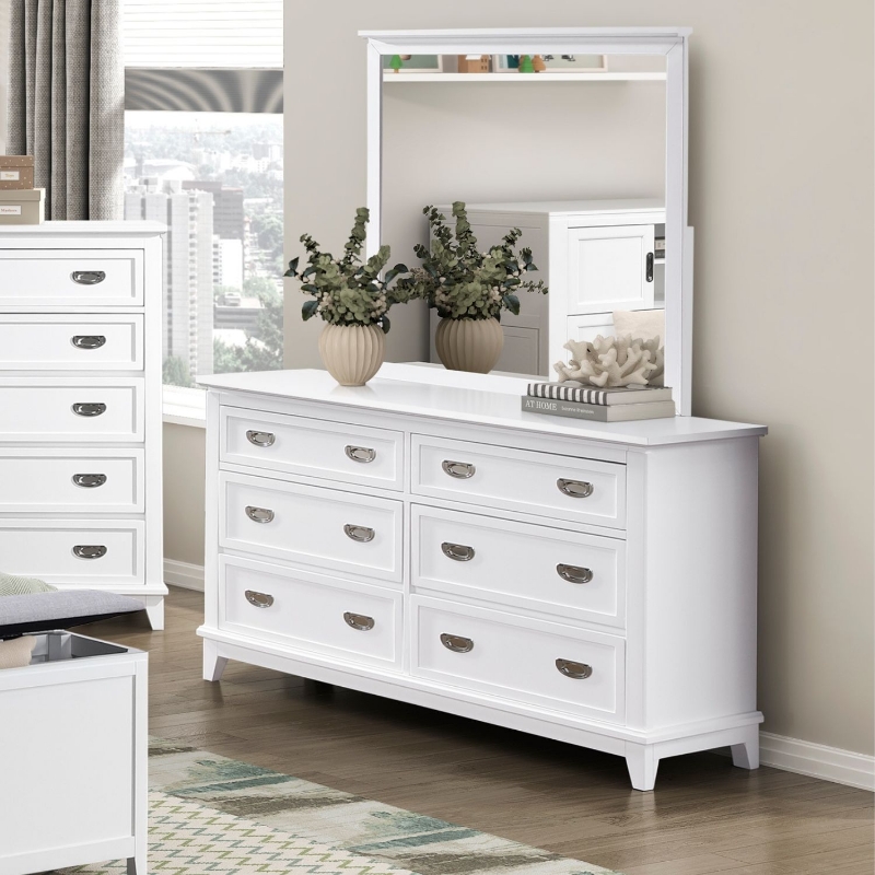 Picture of 6 Drawer White, Grey and Blue Finish Dresser and Mirror