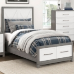 Picture of Twin Platform Bed with Footboard Storage in Ivory and Gray Finish