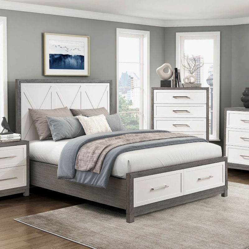 Picture of Full Platform Bed with Footboard Storage in Ivory and Gray Finish