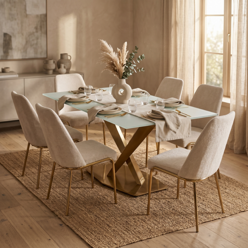 Picture of 55"/62"/71" Dining Table with Glass Tabletop with Gold/Black Stainless Steel Base