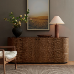 Picture of 16.5"L x 71.5"W Oval Chiseled Wood Sideboard Buffet Cabinet with Hammered Effect in Walnut