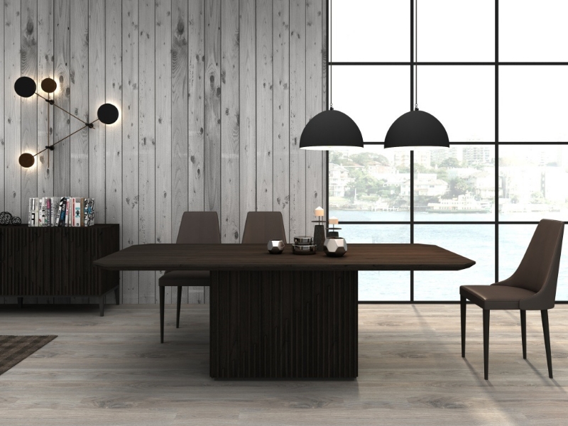Picture of 86" Dark Oak Modern Dining Table with Fluted Pedestal Base