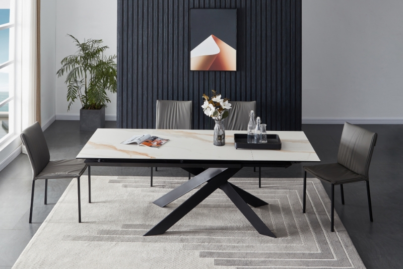 Picture of 63-86.6" Matte White Ceramic Extension Dining Table with Black Spider Legs