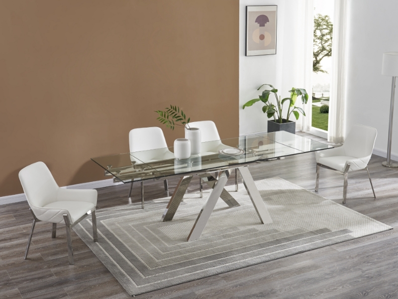 Picture of 63-95" Clear Glass Extension Dining Table with Criss-Cross Steel Legs
