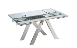 Picture of 63-95" Clear Glass Extension Dining Table with Criss-Cross Steel Legs
