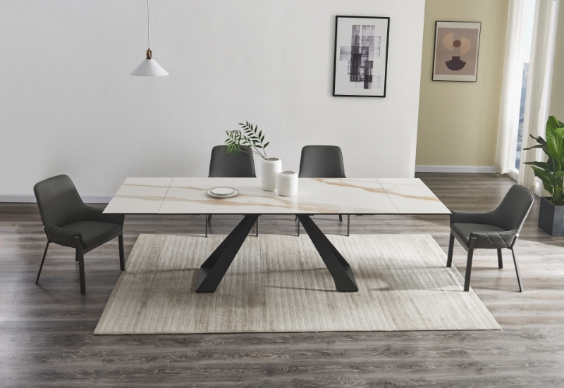 Picture of 71-102" Matte White Ceramic Extension Dining Table with Black Spider Legs