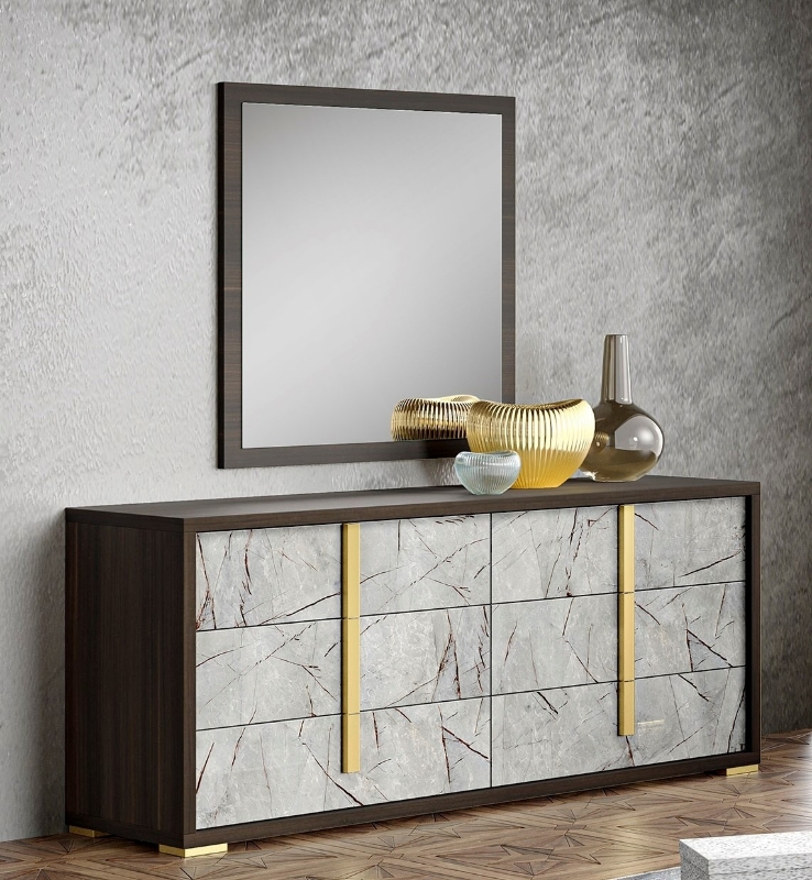 Picture of Beige, White and Dark Oak Gray Dresser and Mirror