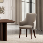 Picture of Light Grey, Taupe Velvet Dining Armchair with Beech Wood Legs