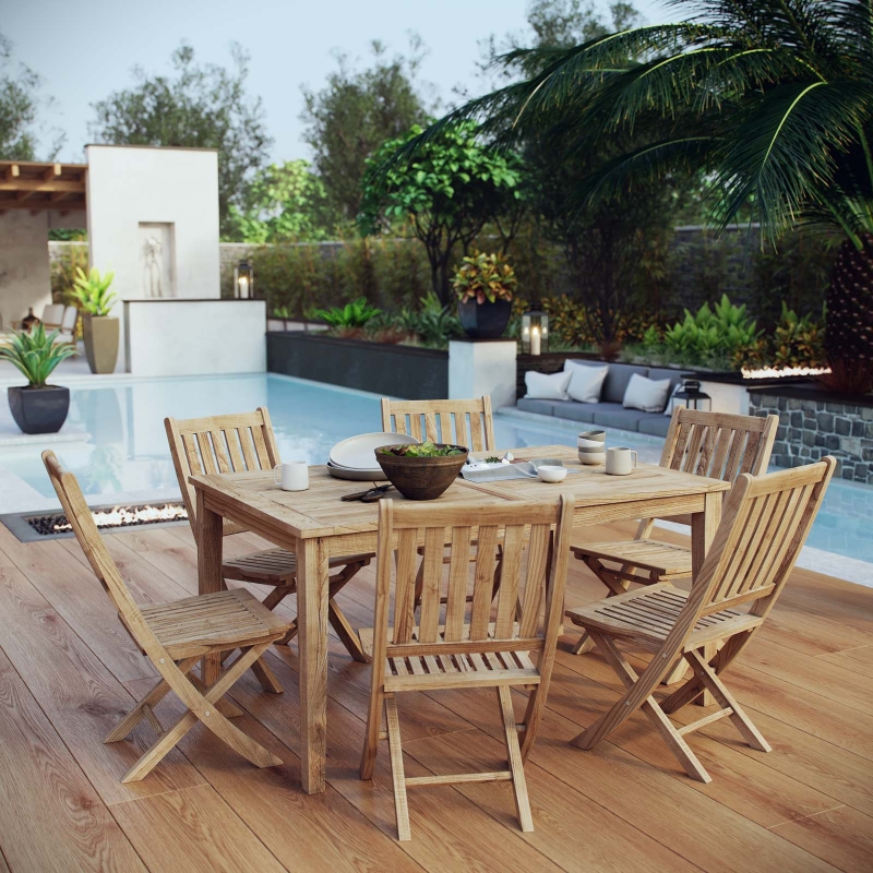 Picture of 7Pc Outdoor Wooden Dining set With Side And Arm Chair