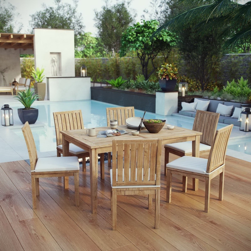 Picture of 7Pc Outdoor Wooden Dining set With Side And Arm Chair