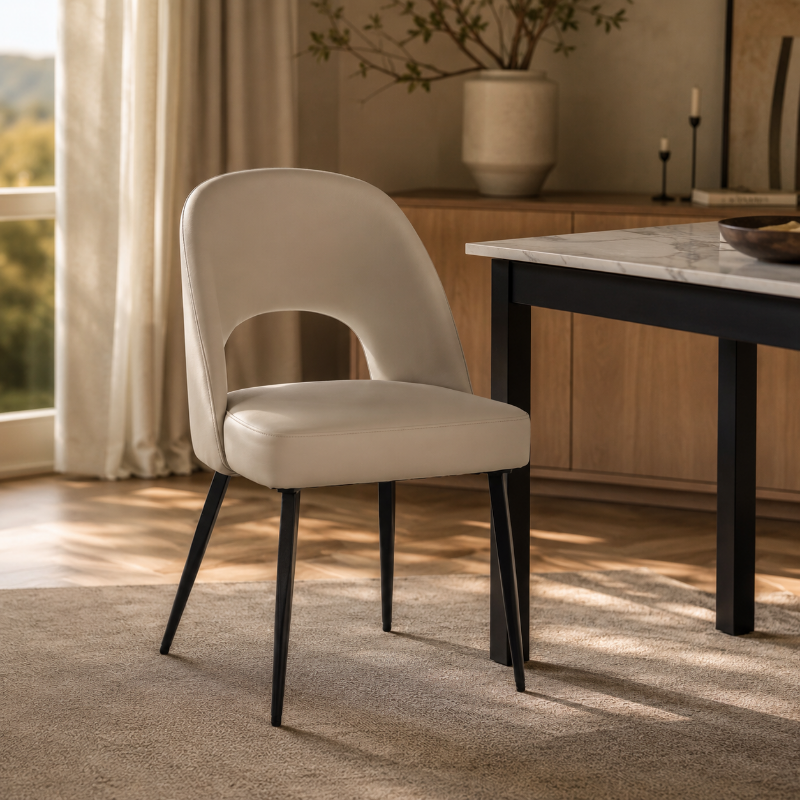 Picture of Leather Dining Side Chairs Curved Open-Back Design with Black Steel Legs