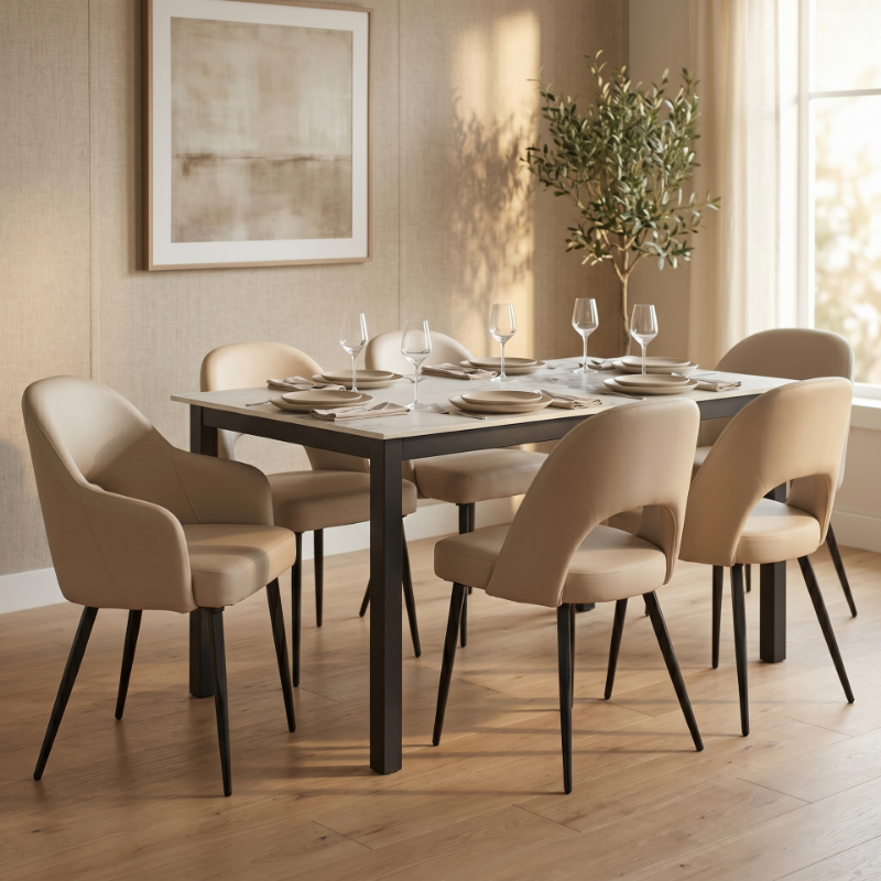Picture of Arm Leather Dining Chairs Curved Open-Back Design with Black Steel Legs