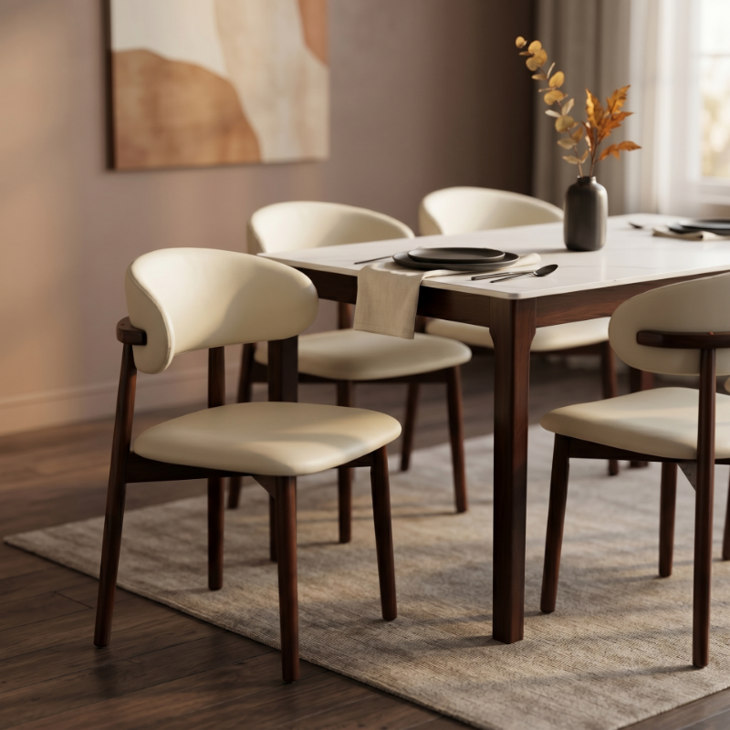 Picture of White, Light Taupe, Light Grey and Brown Dining Chair with Leather Seats and Rubberwood Legs