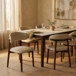 Picture of White, Light Taupe, Light Grey and Brown Dining Chair with Leather Seats and Rubberwood Legs