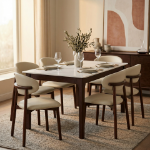 Picture of White, Light Taupe, Light Grey and Brown Dining Chair with Leather Seats and Rubberwood Legs