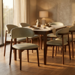 Picture of White, Light Taupe, Light Grey and Brown Dining Chair with Leather Seats and Rubberwood Legs