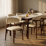 Picture of White, Light Taupe, Light Grey and Brown Dining Chair with Leather Seats and Rubberwood Legs