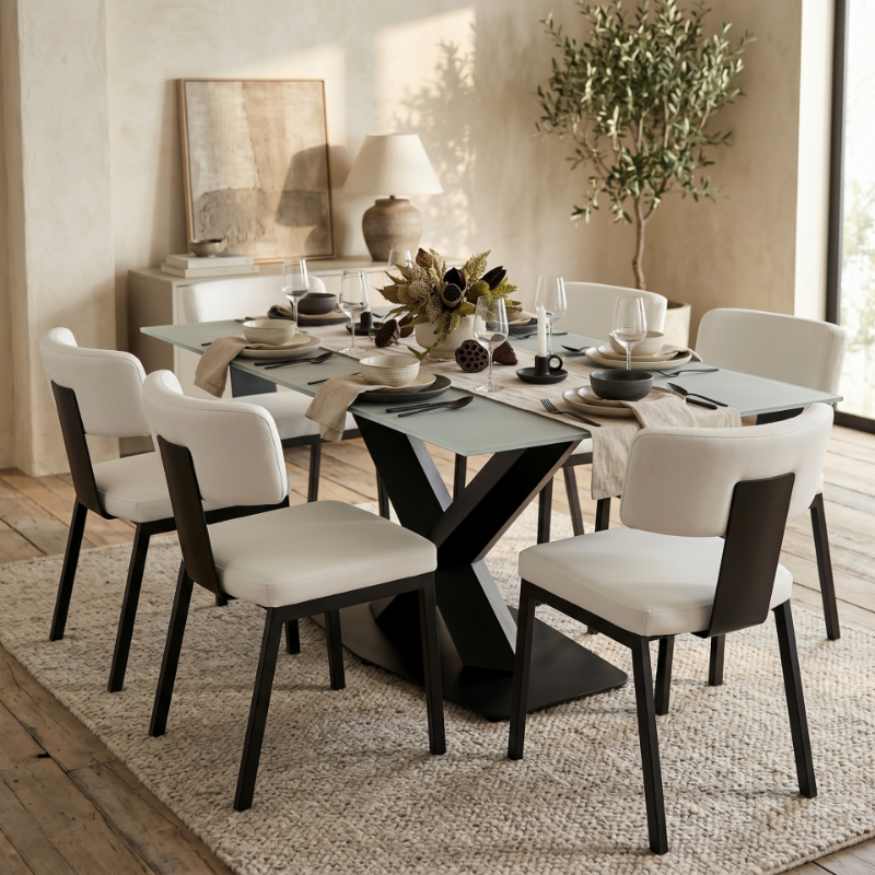 Picture of 55", 62", 71" - 5Pc, 7Pc and 9Pc Dining Set with White Leather Chair
