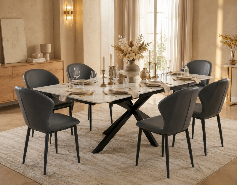 Picture of 62"-95" Extendable Dining Table Sintered Stone Tabletop with Steel Legs