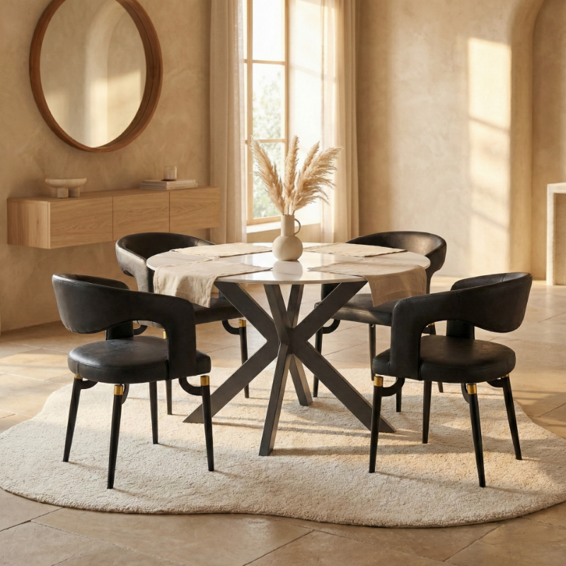 Picture of 5Pc Dining Set With  Round Sintered Stone Top Dining Table And Charcoal-Black Leather Chair