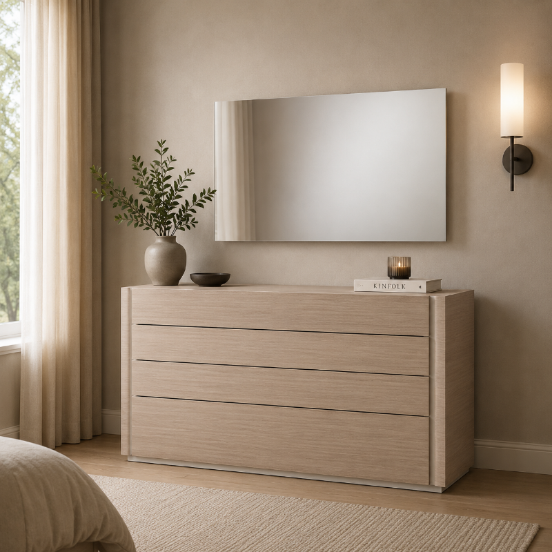 Picture of Wood veneers and natural lacquers Light Grey Dresser and Mirror