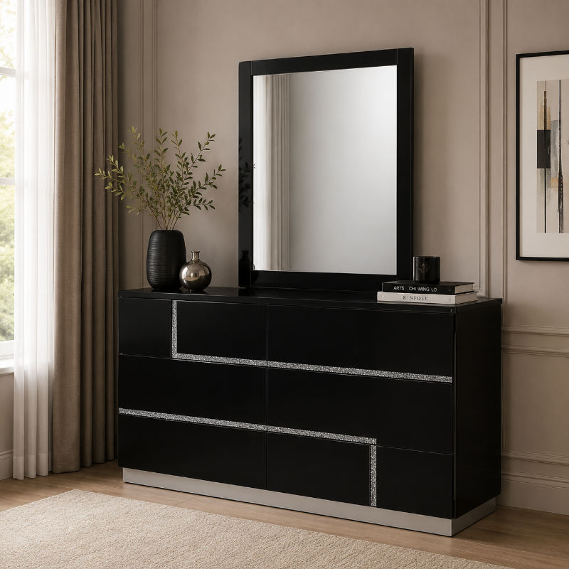 Picture of Black lacquered finish 6 Drawer Dresser and Mirror