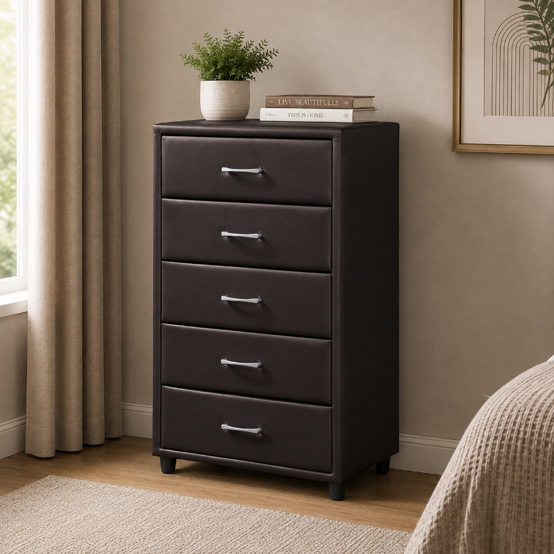 Picture of 29.5"W x 46.5"H Dark Brown Leather 5 Drawer Chest