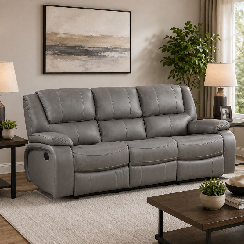 Picture of Genuine Leather Grey Reclining Sofa