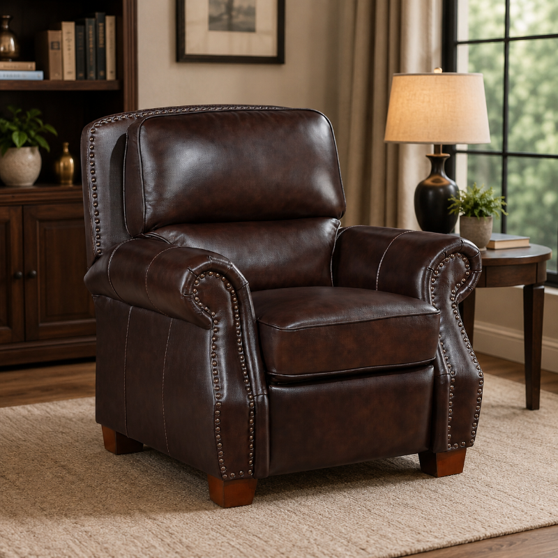 Picture of Genuine Leather Brown Push Back Reclining Chair