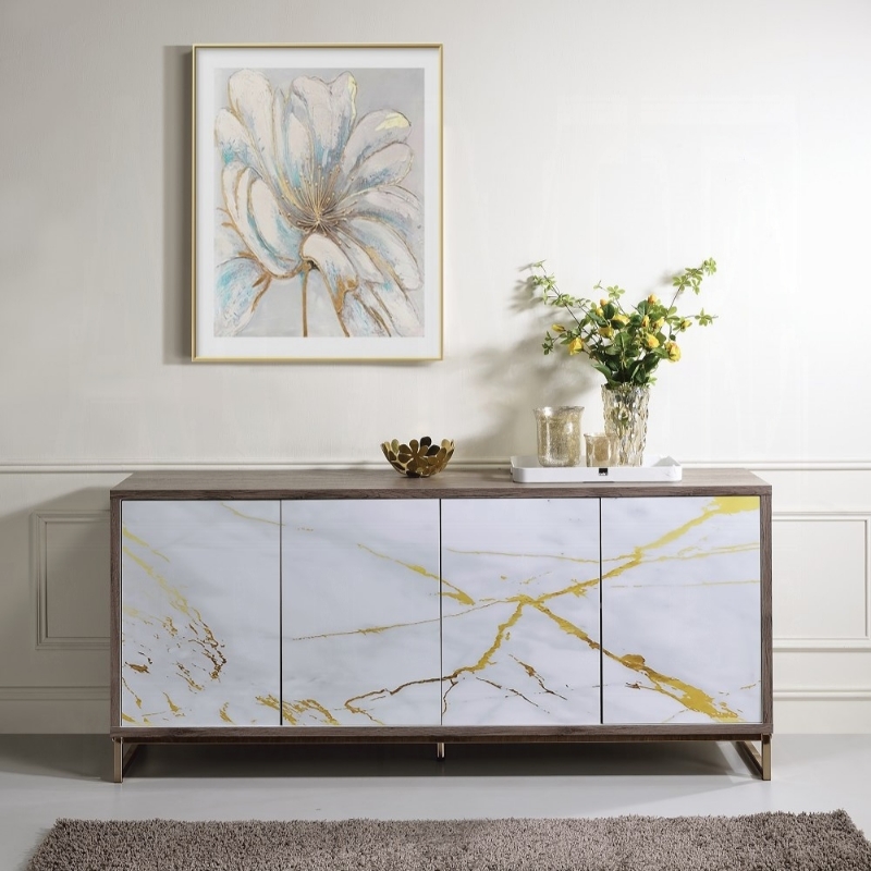 Picture of 65"W X 16"D X 30"H White Marble Paint, Oak & Champagne Console Cabinet