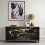 Picture of 65"W X 16"D X 30"H Black Marble Paint, Oak & Champagne Console Cabinet