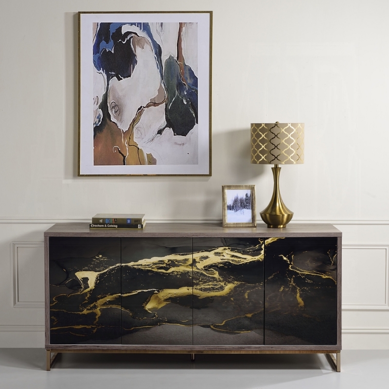 Picture of 65"W X 16"D X 30"H Black Marble Paint, Oak & Champagne Console Cabinet
