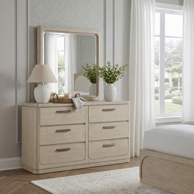 Picture of Light Gray Natural Finish Six-Drawer Dresser & Mirror