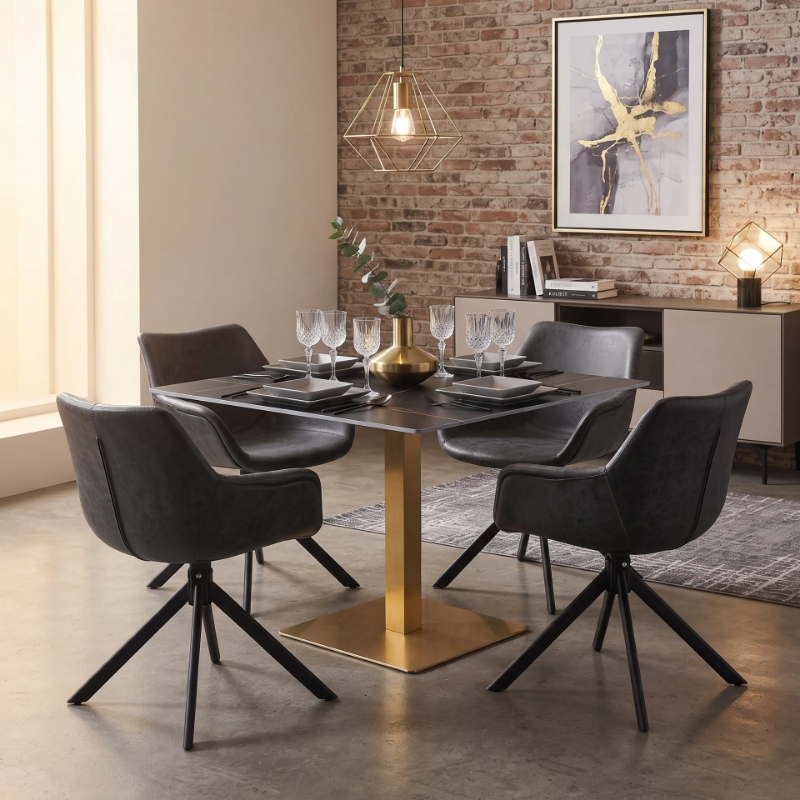 Picture of 35" Black Square Sintered Stone Top Dining Table in Gold Iron Base