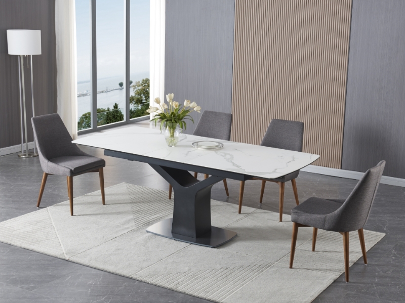 Picture of 63-79"L Extendable luxurious matte white ceramic top with grey veins Dining Table