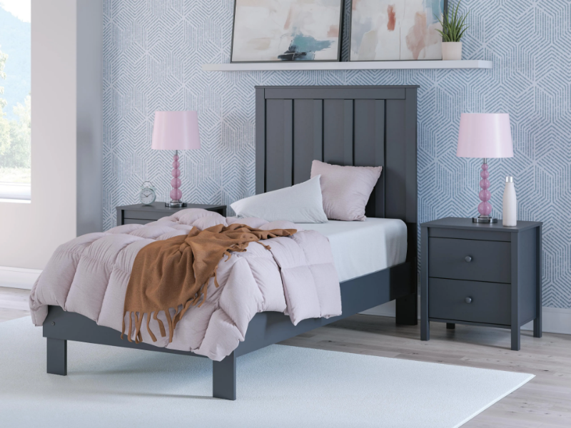 Picture of Navy Blue Twin Platform Bed with Headboard and w/Bookcase Storage or w/o Bookcase Storage