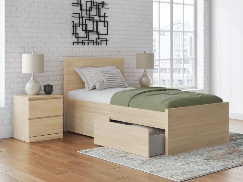 Picture of Natural Twin Platform Bed with Headboard and W/Storage or W/o Storage