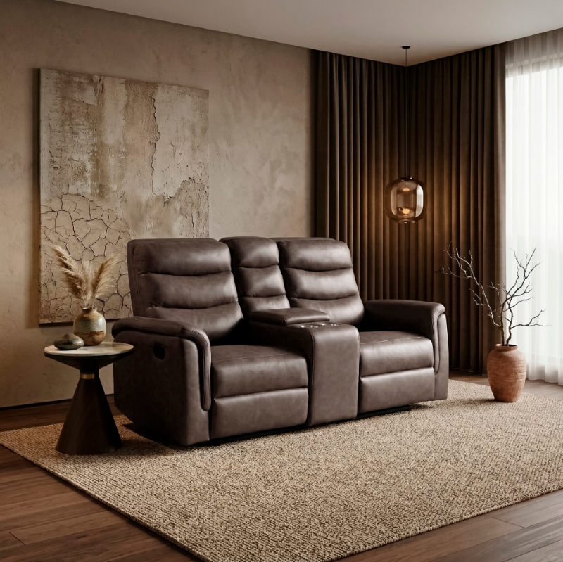 Picture of Leather Reclining Loveseat in Brown, Grey and Taupe Finish