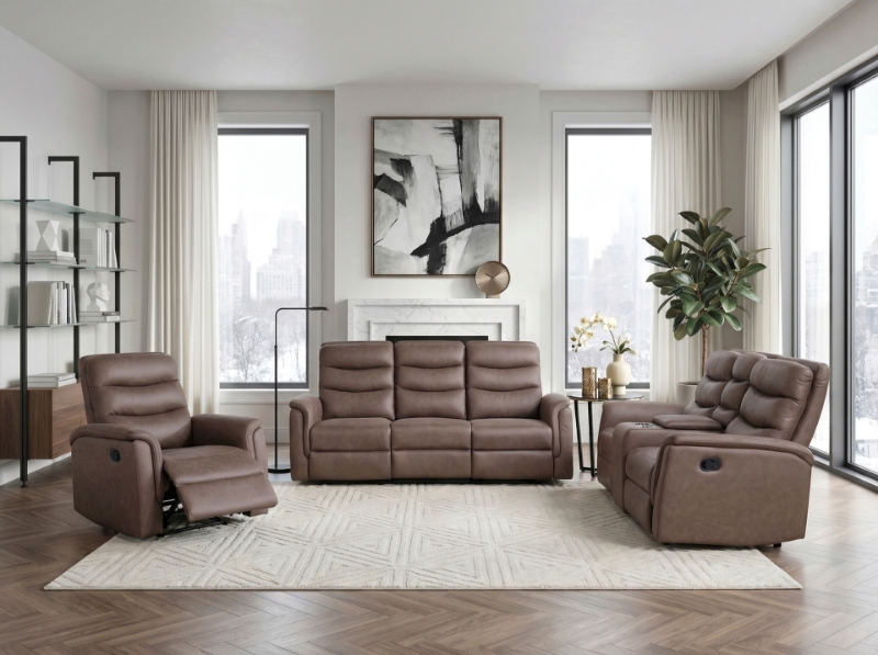 Picture of Leather Reclining Sofa, Loveseat and Chair in Brown, Grey and Taupe Finish