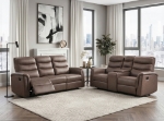 Picture of Leather Reclining Sofa, Loveseat and Chair in Brown, Grey and Taupe Finish