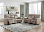 Picture of Leather Reclining Sofa, Loveseat and Chair in Brown, Grey and Taupe Finish