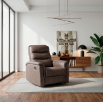 Picture of Leather Reclining Sofa, Loveseat and Chair in Brown, Grey and Taupe Finish