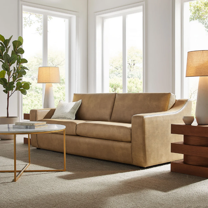 Picture of 87 Inch Vegan Leather Sofa in Toast and Mushroom Finish