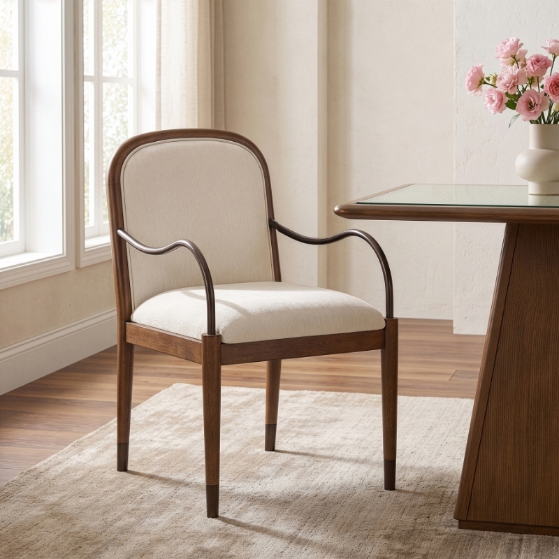 Picture of Fabric Upholstered Dining Arm Chair in Cream, Beige, Green and Brown Finish