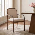 Picture of Fabric Upholstered Dining Arm Chair in Cream, Beige, Green and Brown Finish