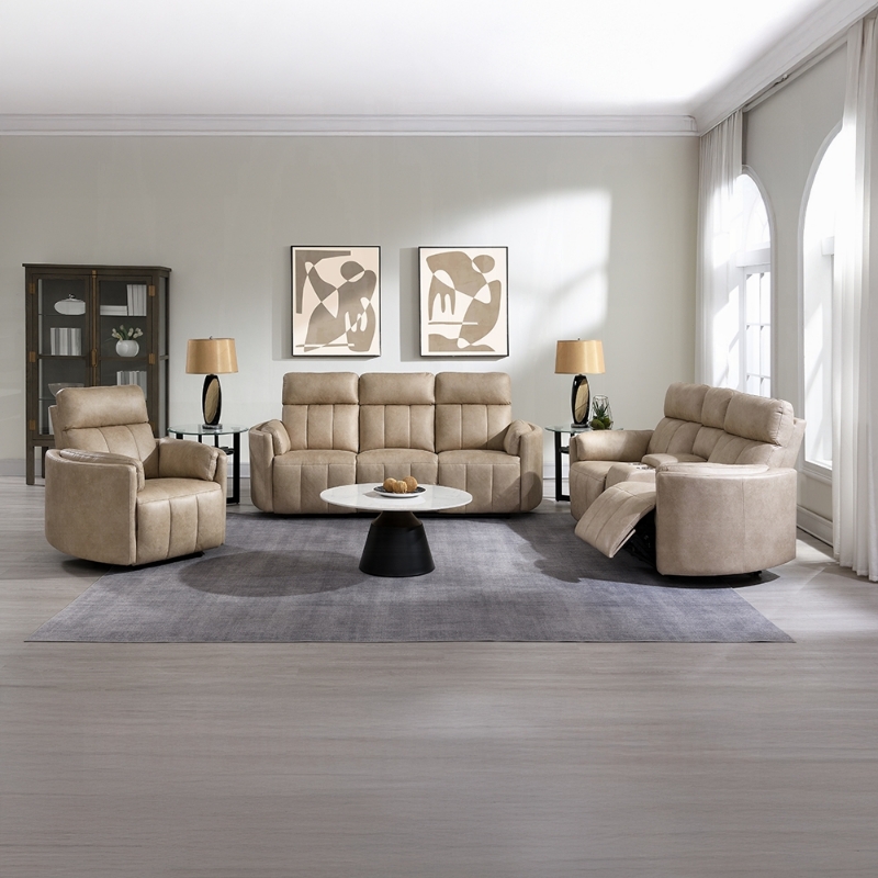 Picture of Dark Beige Polish Microfiber Motion Sofa, Loveseat and Recliner w/Swivel