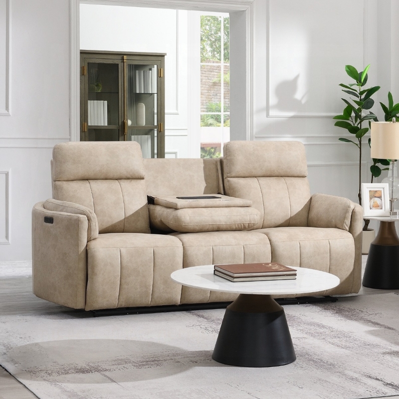 Picture of Dark Beige Polish Microfiber Power Motion Sofa w/Drop Table